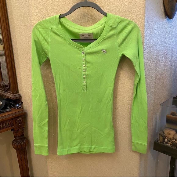 Abercrombie & Fitch Tops - SOLD!! ABERCROMBIE & FITCH Neon Green Ribbed Henley Y2K Long Sleeve Top Size XS